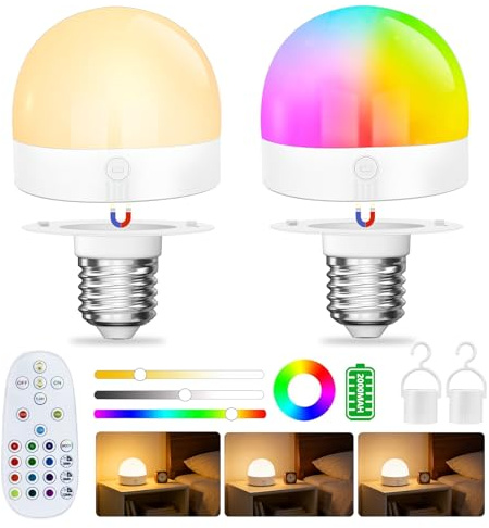 Lampadina E27 Ricaricabile Colorata LED, 1,5W Lucina Notturna Dimmabile da Comodino con Telecomando,15 Colori RGB, Timer, 2000 mAh, Bulbo E27 Senza Filo Staccabile per Lampade non Cablate