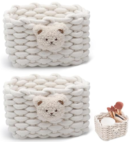 yolzhxe 2 Pezzi Cestini Portaoggetti in Corda di Cotone, Cesto Portaoggetti Intrecciato, Decorativi Cesta Porta Oggetti, per Camerette, Bagno, Camera Da Letto (Bianco)