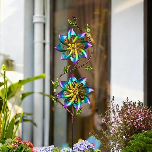 WRQIOO Wind Spinner for Gardens on Stake,109cm Waterproof Metal Garden Ornaments, Rainbow Windmills for Gar-den, Wind Sculptures & Spinners for Flowerbeds Patio Lawn