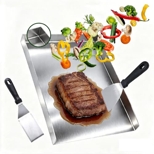 Mea - Plaque de cuisson en acier inoxydable avec spatule - Pour barbecue à gaz et charbon de bois - Pour l'extérieur - Pour légumes