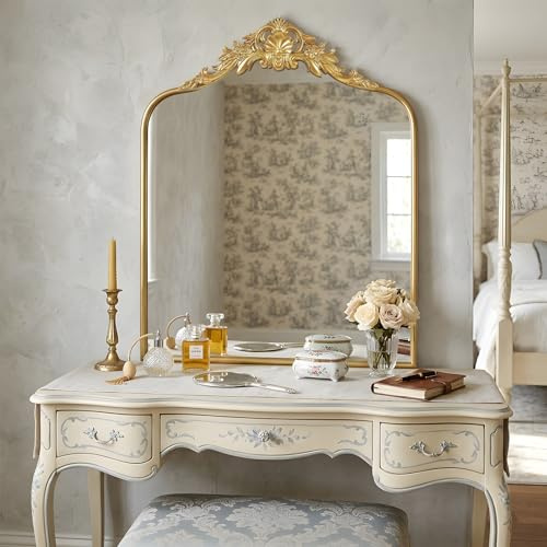 G-LEAF Wandspiegel Gold 60x80cm, Bogenspiegel mit Barock-Krone & Ornamenten, Vintage Wanddeko Spiegel für Badezimmer, Wohnzimmer & Flur, Antik-Stil Metallrahmen