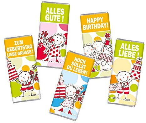 STEINBECK Geburtstag 5er Set Mini Schokolade a 18g Vollmilch Schokolade Tafel Geschenk Happy Birtday süß Mitgebsel Freundschaft Alles Gute Mann Frau