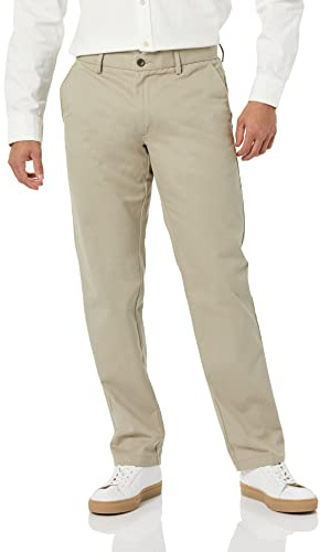 Amazon Essentials Pantalon Chino sans Pince Infroissable Coupe Droite Homme, Kaki Beige, 33W / 34L