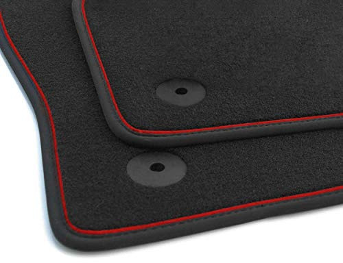 Fußmatten, passend für Ibiza 5, Premium Qualität Velours Automatten schwarz 2-teilig vorn Nubuk schwarz mit Zierband rot