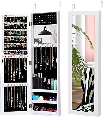 COSTWAY Armoire à Bijoux Murale/Suspendue 2 en 1 avec Miroir Antidéflagrant, Organisateur à Bijoux avec Espace de Rangement, Fermeture Magnétique, 31,5 x 8,5 x 110cm(Blanc)