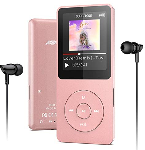 AGPTEK MP3 Player 16GB Bluetooth 5.0 mit Kopfhörer, 1.8 Zoll 50 Stunden Wiedergabezeit Digital Kinder MP3 Player FM Radio, bis 128G SD Karte, Rosagold