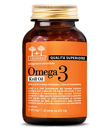 OMEGA 3 KRILL OIL Salugea - 100% naturale da puro olio di Krill Antartico con Colina e Astaxantina - EPA e DHA altamente assimilabili - 60 Perle - Flacone in vetro scuro farmaceutico