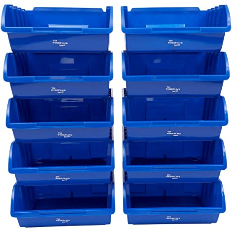 The Workplace Depot Large Plastic Stackable Blue Storage Bins for Parts and Picking - Pack of 10 - 130(H) x 290(W) mm, Small Part Storage Bins