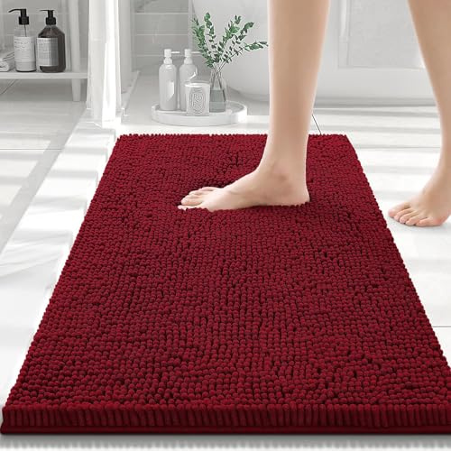 Homaxy Halkfri chenille-badrumsmatta mikrofiber badmatta absorberande hög lugg - 40 x 60 cm, vinröd