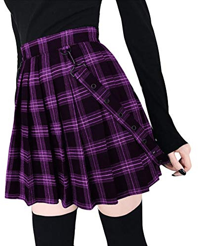 Tidecc Mini jupe gothique plissée à carreaux avec bretelles, taille haute, plissée noire - Violet - 38