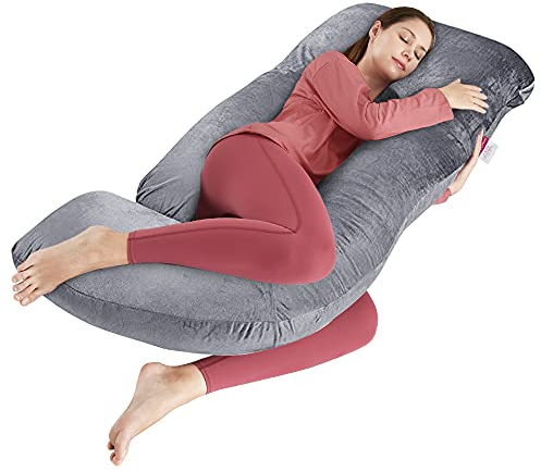 Wndy's Dream Pregnancy Pillow with Grey Velvet Cover, J Shaped Full Body Support Pillow for Sleeping Well,with Removable Washable Pillowcase