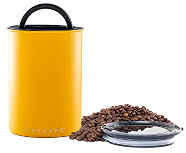 Planetary Design Airscape Stainless Steel Coffee Canister | Food Storage Container | US patented Airtight Lid | Push Out Excess Air and Preserve Freshness (Medium, Matte Yellow)