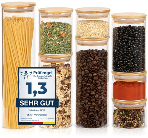 CLIDOR Vorratsgläser mit Deckel, Rund - 8er Set - 4,3L Vol., Erhöhte Glasstärke, Vorratsdosen mit Deckel luftdicht, Aufbewahrungsbox Küche für alle Lebensmittel, Glasbehälter, Küchen Organizer