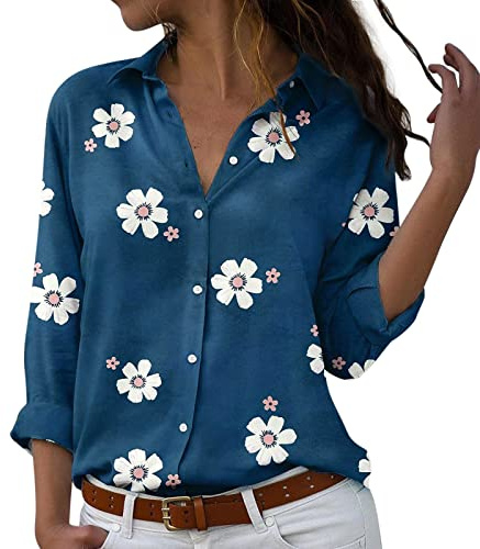 Blusa y Camisas de Manga Larga Para Mujer con Cuello en V, Camiseta de Estilo Casual Elegante Ajustada Irregular Oversized Deportiva Fiesta Rayas Túnica Tops Mangas Enrolladas con Botones(K Azul,M)