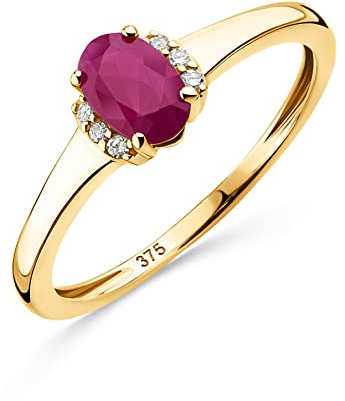 Orovi - Anillo de Compromiso en Oro Amarillo, Dorado 9K con Diamantes y Rubí Natural, Elegancia Atemporal con 6 Diamantes Brillantes y 1 Rubí Oval 0.58ct, 0.03ct Diamantes