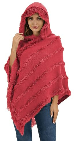 Ponchos con Capucha Mujer Punto Invierno Otoño Poncho de Las Mujeres Punto con Flecos Poncho a Rayas de Felpa de Color Liso Elegante Casual Suave Calentar(Vino Tinto)