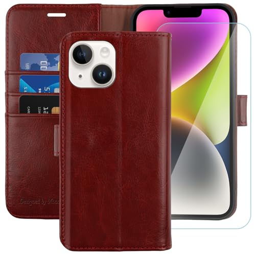 MONASAY Wallet Case for iPhone 14 with 3 Card Holders - Burgundy | Kickstand,RFID Blocking,6.6 feet of shock absorption,PU Leather, Strong Magnetic Closure, Fits 6.1 inch ONLY,Protective film