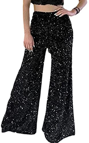 Yassiglia Glitzer Hose Damen Wide Leg High Waist Hose mit Pailletten 70er Elegante Schlaghose Stretch Hosen für Club Party Fest Tanzen