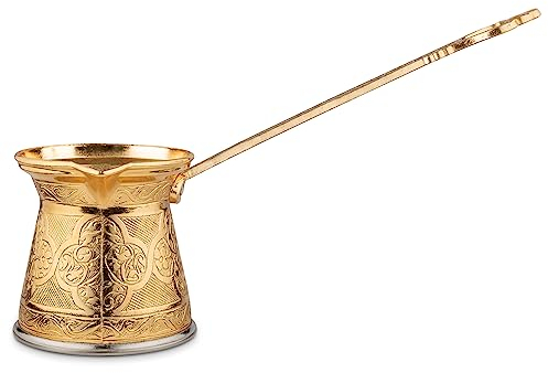 Alisveristime Authentische türkische Kaffeekanne, handgefertigt, Cezve/Ibrik, 7,5 cm breit, 7,5 cm hoch, 287,5 ml, verbessern Sie jetzt Ihr Kaffee-Erlebnis. (3 Tassen) (Gold)