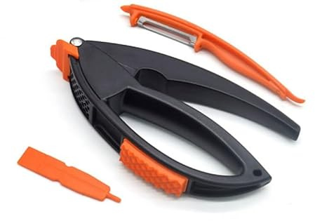 Presse-ail multifonction avec éplucheur, marteau à viande, presse-ail multifonction 3 en 1, presse-ail en acier inoxydable, presse-ail de qualité supérieure avec poignée confortable (orange et noir)