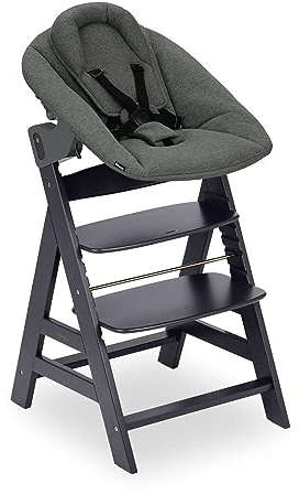 hauck Alpha Newborn Set Plus, Dark Grey - Babystuhl mit Premium Neugeborenenaufsatz ab Geburt, Mitwachsender Holzhochstuhl bis 90 kg Inklusive 5-Punkt-Gurt, Schrittgurt & Schutzbügel