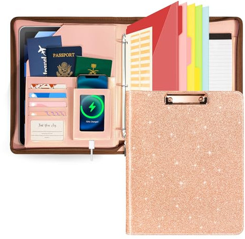 Leather Clipboard with Storage, Zippered Padfolio Portfolio Organizer, 3 Ring Binder 1 Inch, Notepad, Tablet Sleeve, 5 Dividers with Pocket, Stickets for Office, Nurses, Students, Teachers Rose Gold