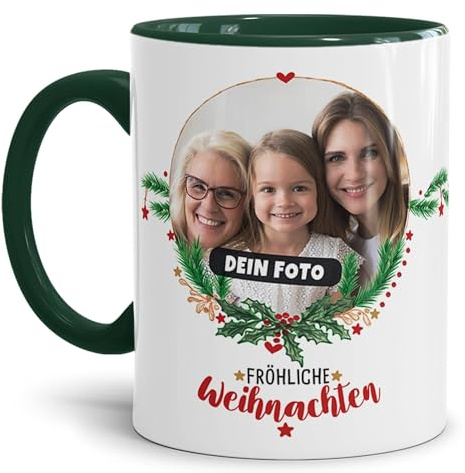 Weihnachtstasse selbst gestalten - Tasse mit Foto personalisieren - Frohe Weihnachten - Persönliches Geschenk für Freunde und Familie | 300 ml, Innen & Henkel Dunkelgrün