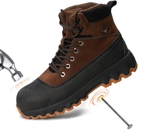 Peeldicou Mens Work Boots Composite Toe Boots for Men Genuine Leather Rubber Sole No Slip Waterproof Shoes Industrial & Construction Safety Boots