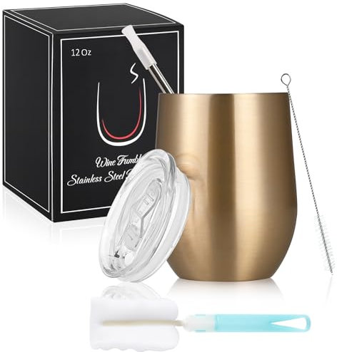 Joymaking 12oz Insulated Stainless Steel Wine Tumbler with Lid and Straw, Double Walled Wine Glass Tumbler Gift for Women, Great for Hot & Cold Drinks -Wine, Champagne, Coffee, Ice Cream, Gold