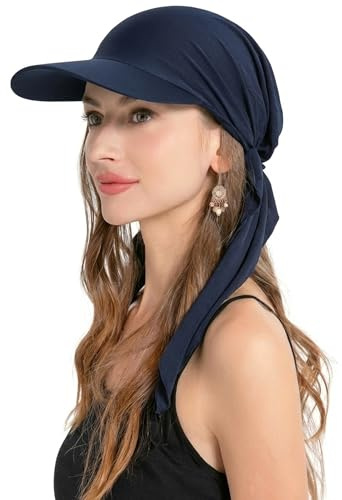 ZLYC Chemo huvudbonader för kvinnor brätte visir huvudscarf förbunden huvudsjal lätt skalle keps, Solid marinblått, one size