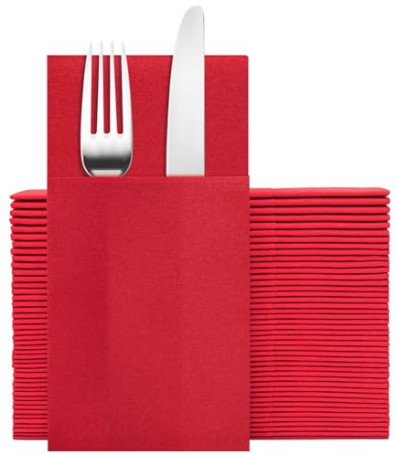 Goldclean Red Napkins Hand Towels Disposable, Linen Feel Dinner Napkins with Prefolded Built-in Flatware Pocket, Guest Paper Hand Towels For Wedding, Dinner Or Party (16x16in, 50Pack）
