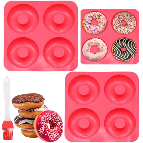 Scettar 3 Piezas Moldes de Silicona para Donuts - 4 Cavidades y Cepillo - sin BPA para Horno, Pasteles, Galletas, Bagels, Muffins