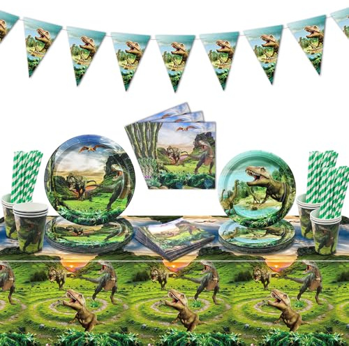 Dinosaurier Party Dekorationen - einschließlich Dinosaurier Pappteller Servietten, Tassen, Dino Tischdecke, Banner für Kinder Baby Dusche Dinosaurier Geburtstag liefert, serviert 20