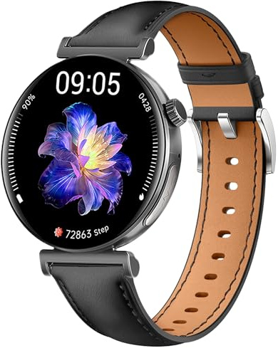 Knauermann PRO 3 Mini (2024) Schwarz - Gesundheitsuhr Smartwatch mit Telefoniefunktion - EKG + HRV und SOS Funktion - AMOLED Display - BT Bluetooth - Schlafapnoe - Rindslederband Schwarz, 14-24,rund