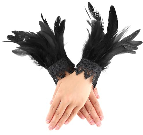 Qianyu Damen Feder Handgelenk Manschetten Schwarz, Vintage Feder Manschette | Spitzenflügel-Armbänder, Gothic-Mesh-Armband, Zubehör für Halloween Ostern, Karneval Kostüm, Game Rollenspiel Party
