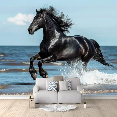 Foto Tapete Wandbild Dunkles Pferd Am Meer 200x140 cm Tapete Vliestapete 3D Effekt Tapete Vlies Wandbild Wohnzimmer Schlafzimme Wanddekoration Fototapete