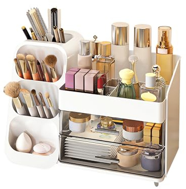 DASITON Make Up Kosmetik Organizer mit Schubladen,Großer Kapazität Makeup Organizer Kosmetik Aufbewahrung,Lippenstift Schmink Pinsel Organizer,Schminktisch Organizer für Schlafzimmer,Badezimmer(Weiß)