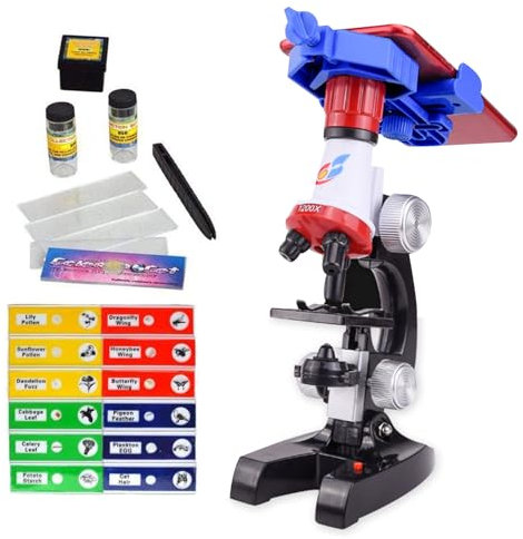 Kids Educational Science Kit - Beginner Microscope with LED, 100X-1200X Magnification, 12 Sample Slides, White