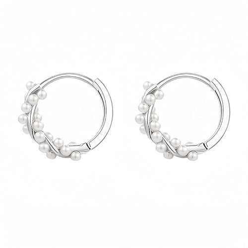 Perlen Sterling Silber Creolen mit Gedrehten Perlen für Frauen - 925 Sterlingsilber und Kunstperle, Braut Ohrringe für Mädchen Perlenschmuck (Silber)