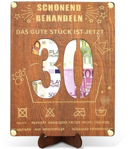 Geldgeschenk aus Holz für 30. Geburtstag - 20 x 15cm mit Ständer und Grußkarte - Witzige Geschenke für Frauen und Männer