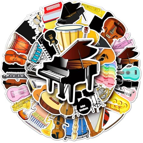 50PCS Musical Instrument Stickers - Cute Vinyl Decals for Water Bottles Laptops Skateboards Guitars Helmets - Waterproof Cartoon Music Decals for Kids Teens Adults