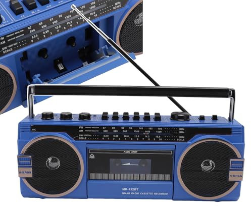 Reproductor de Casete Boombox, Boombox Retro con Bluetooth, Altavoces Bluetooth 5.0 (Distancia de transmisión: 10 m), AM/FM/SW12 de Tres Bandas, Estilo clásico de los años 80, Azul
