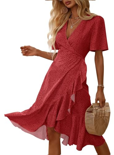 Imily Bela klänningar damer sommar v-ringad sommarklänning lång klänning lätt klänning eleganta sexiga fritidsklänningar solklänning, röd, L