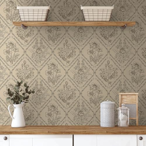 Toduso Peel and Stick Wallpaper Vintage Wall Paper Boho Contact Paper Brown Floral Removable Wallpaper for Bathroom Bedroom Flower Waterproof Self Adhesive Vinyl Drawer Decor 17.3x393.7