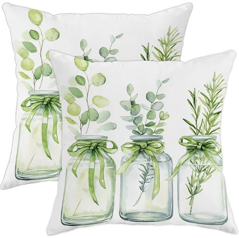 Juego de 2 fundas de cojín decorativas de hierbas, fundas de cojín botánicas de plantas verdes, decoración del hogar de temporada para sofá, cama, 16 x 16 pulgadas