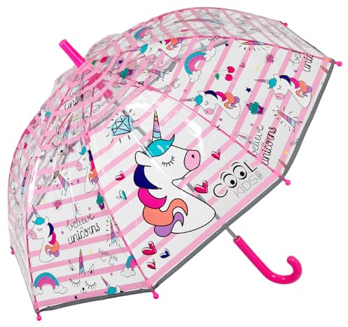 PERLETTI Einhorn Kinder Schirm für Mädchen - Stockschirm mit Sicherheitsöffnung - Robuster und Windfester Regenschirm mit Transparenter Kuppel - 3 bis 6 Jahre - Durchm 64 cm - Cool Kids