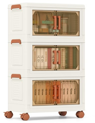 COSTWAY Boite Rangement Plastique 57 L, 3 Caisses Rangement Pliables à Roulette, Poignée, Porte Magnétique, Boite Empilable, Rangement Vetement, Livres, Jouets (57 L)