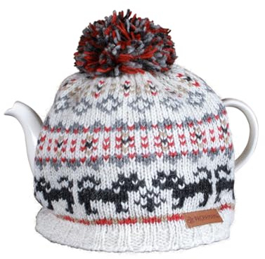 Pachamama Handknitted Medium 4-6 Cup 1.2L Wool Tea Cosy Teapot Cover - Black Cat Pattern Insulated Handmade Fair Trade Multicoloured