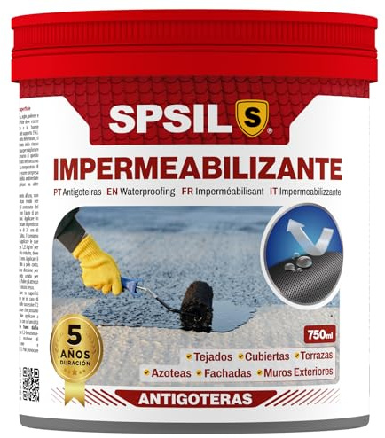 SPSIL Pintura Impermeabilizante Transparente - Previene las filtraciones de agua - Para Tejados, Cubiertas, Terrazas, Azoteas, Fachadas y Muros Exteriores (Transparente, 750 ml)