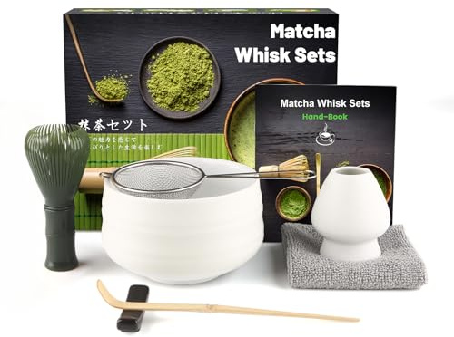 Anei 7 Pcs Matcha Set,Matcha Tea for Making Breakfast/Latte,Whisk Set and Bowl with All Accessories,Gift for Lover，Matte white bowl, PP Resin Stirrer Green